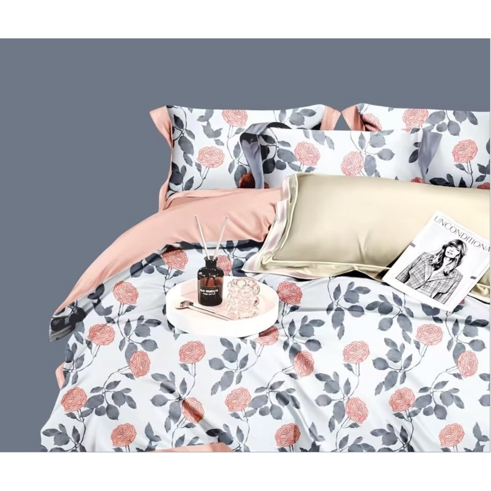 Monet Rose‎ Pink Gray 100% Cotton Reversible Duvet Cover Set Queen/Full Romantic